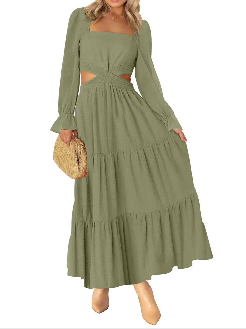 Olive Green Cutout Tiered Maxi Dress with Long Sleeves Size Small